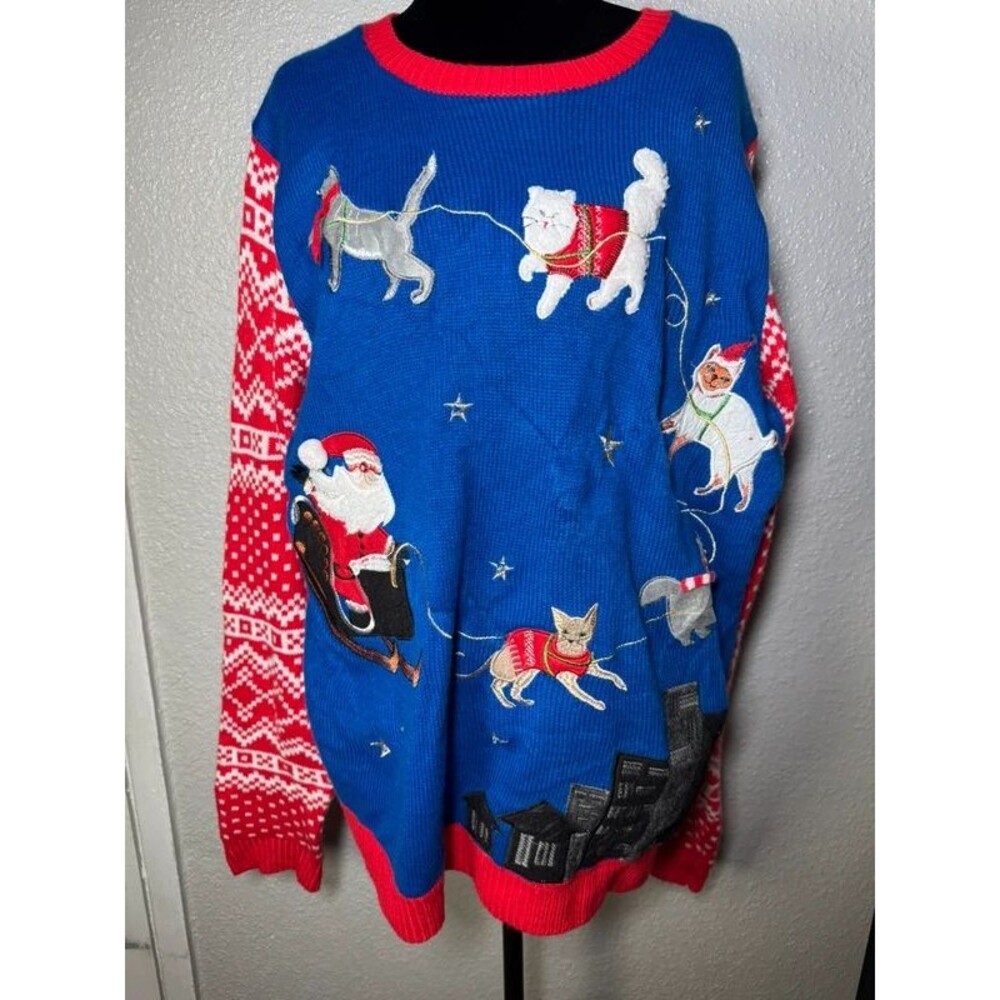 Jolly Sweaters Christmas Sweater Cats Pulling Santa Sled Blue Knit XL *read*